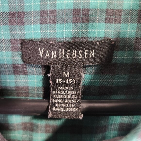 Mens Van Heusen Green & Black Checkered Shirt Long Sleeve Button Down Size M - Picture 3 of 7